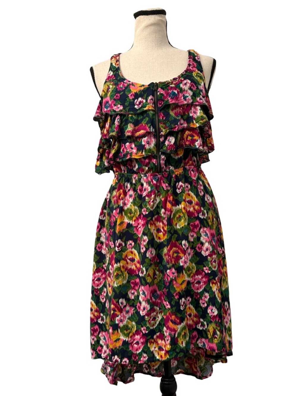 G21 Floral Ruffle Dress Medium Sleeveless Tiered Boho Fit Flare Mini
